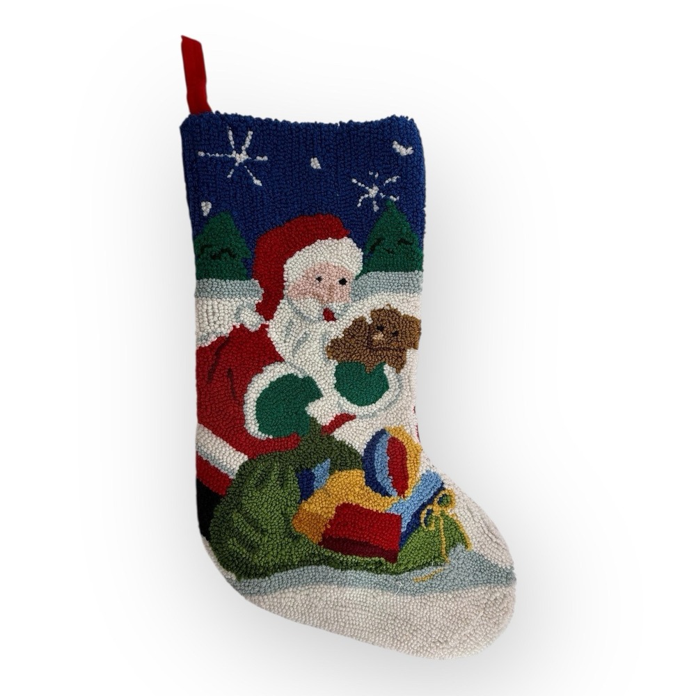 Vintage Needlepoint Santa Teddy Bear Starry Night Christmas Stocking Velvet Back